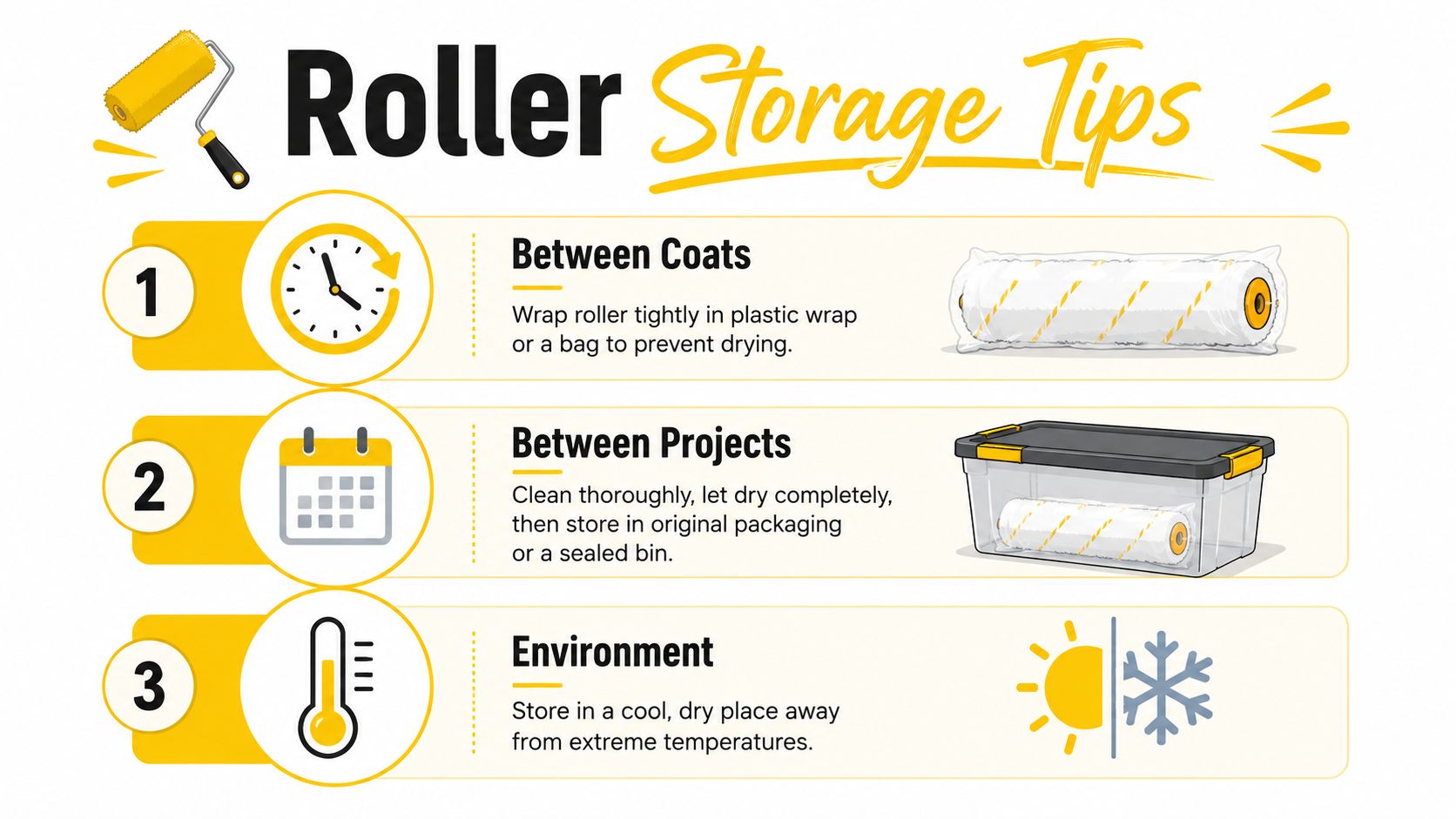 An infographic titled Roller Storage Tips showing three steps to store paint rollers properly.